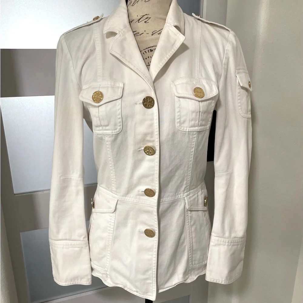 Tory Burch White Military Safari Utility Jacket Gold Buttons Size 8 🤍✨